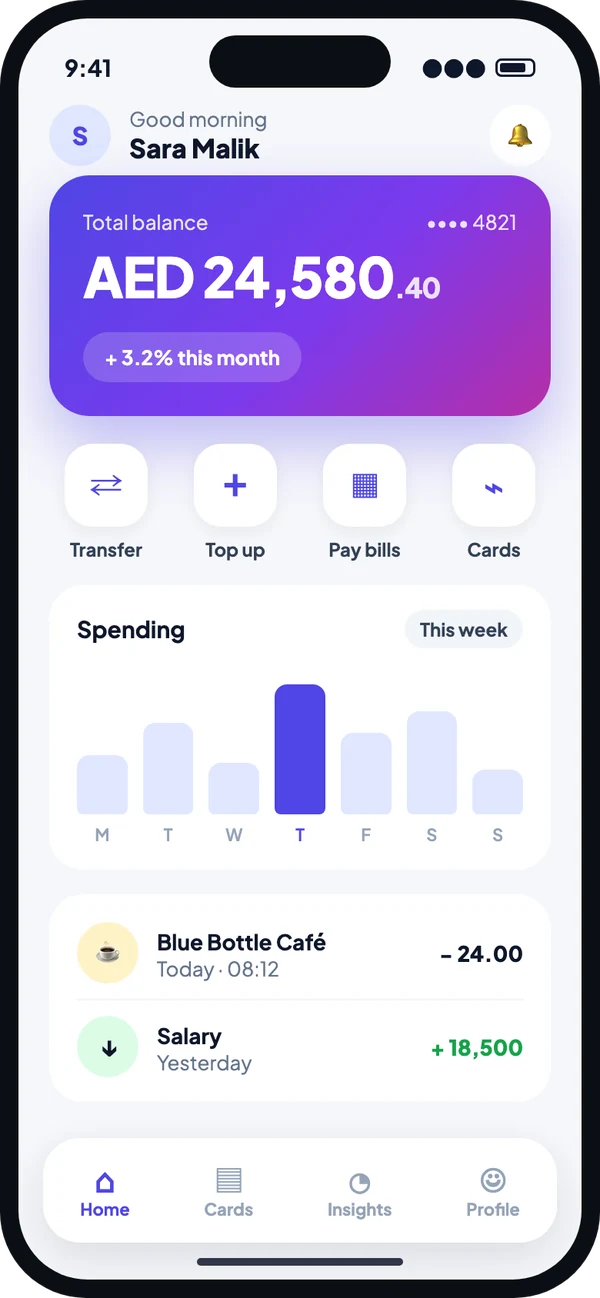 A banking app home screen