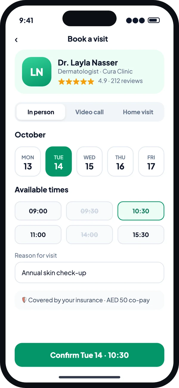 A clinic booking screen